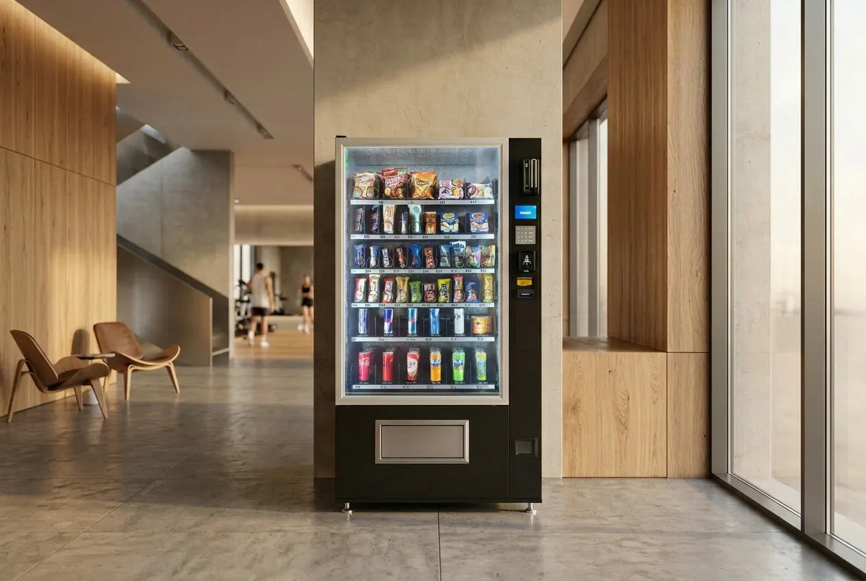 Distributeur automatique clé en main Distrib Inc Distributeur automatique premium Distrib Inc installé dans un club de padel - boissons, snacks et accessoires