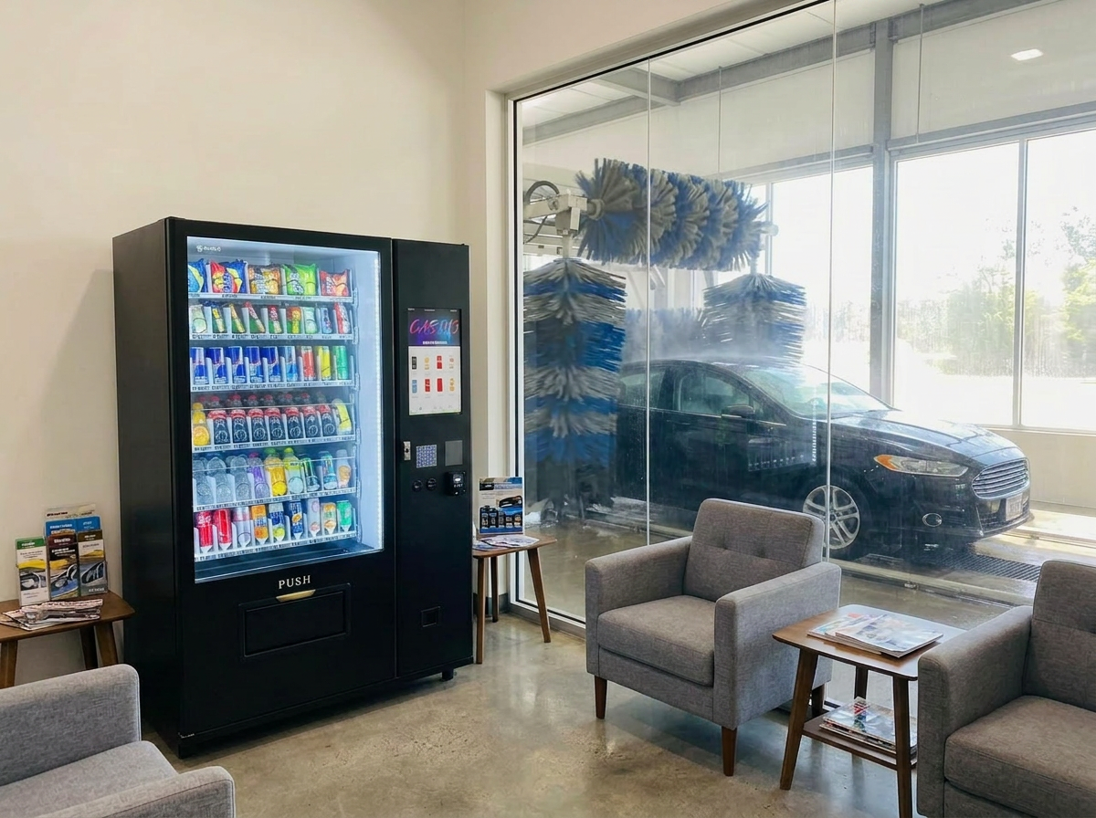 Distributeur automatique de boissons, snacks et produits d'entretien voiture dans un carwash