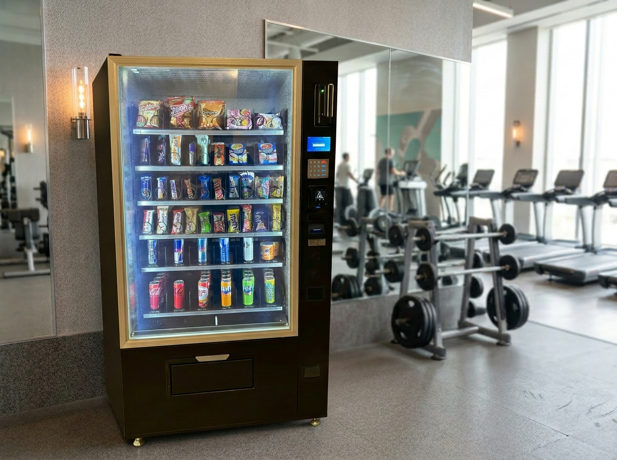 Distributeur automatique de nutrition sportive, protéines et boissons dans une salle de sport