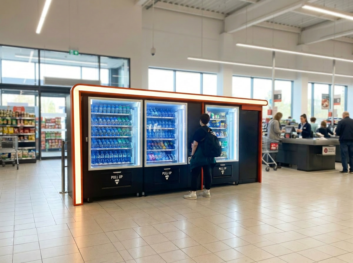 Distributeur automatique en galerie de grande surface avec boissons, snacks et produits de proximité