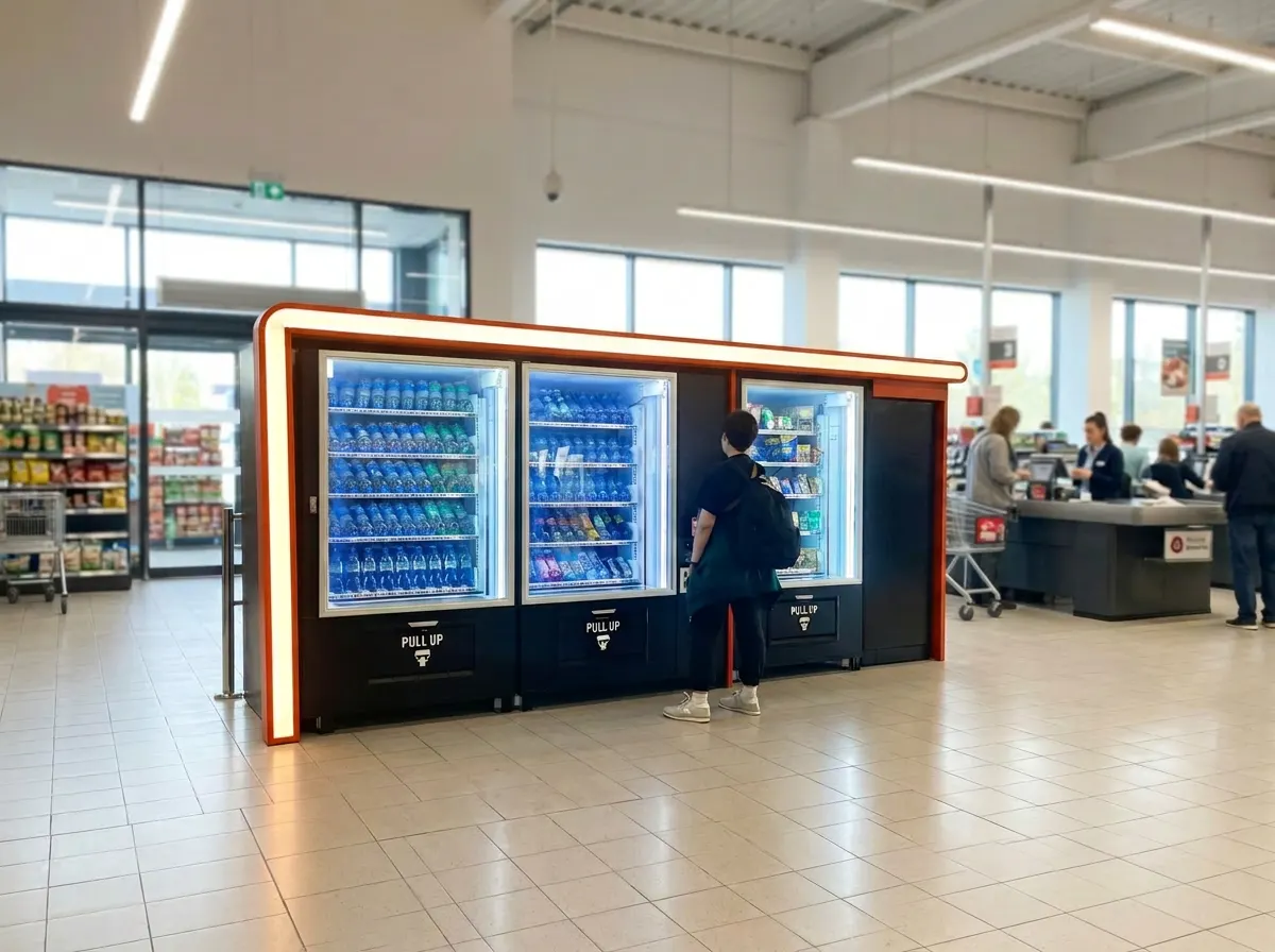 Distributeur automatique Distrib Inc en zone caisses ou galerie de grande distribution. Distributeur automatique en galerie de grande surface avec boissons, snacks et produits de proximité