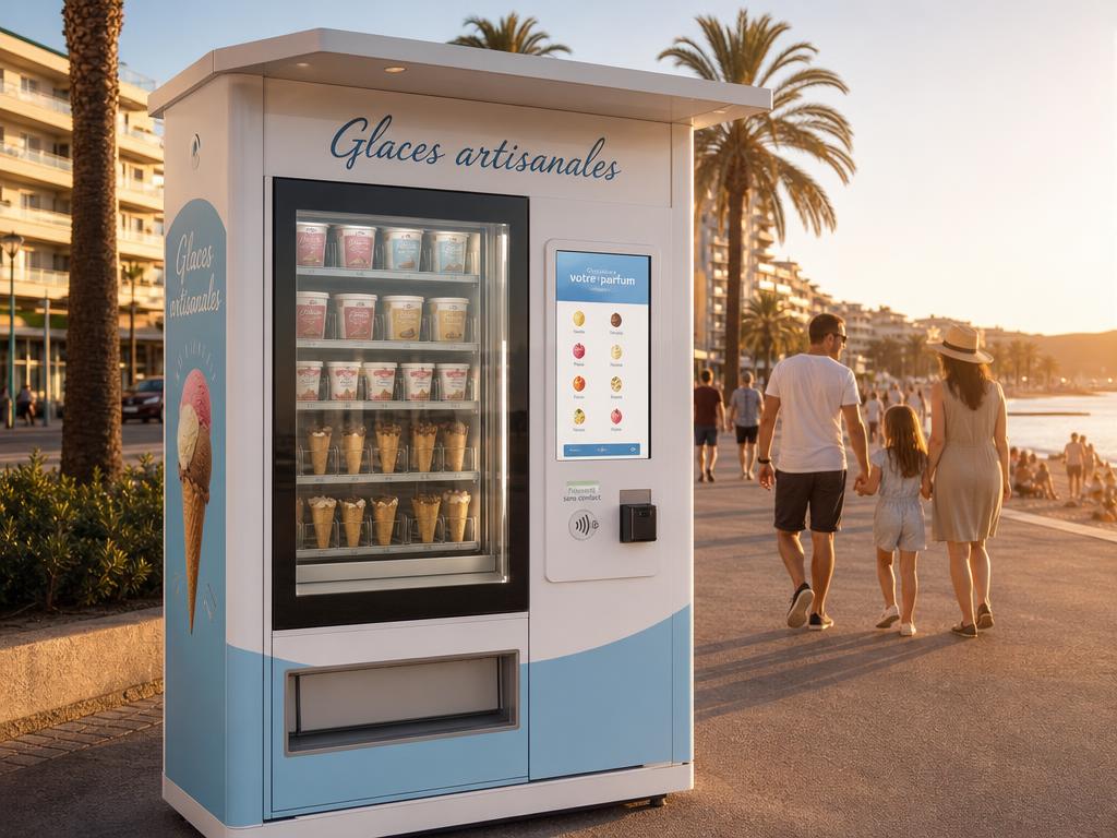 Distributeur automatique de glaces à l'italienne et crèmes glacées installé sur une promenade en bord de mer