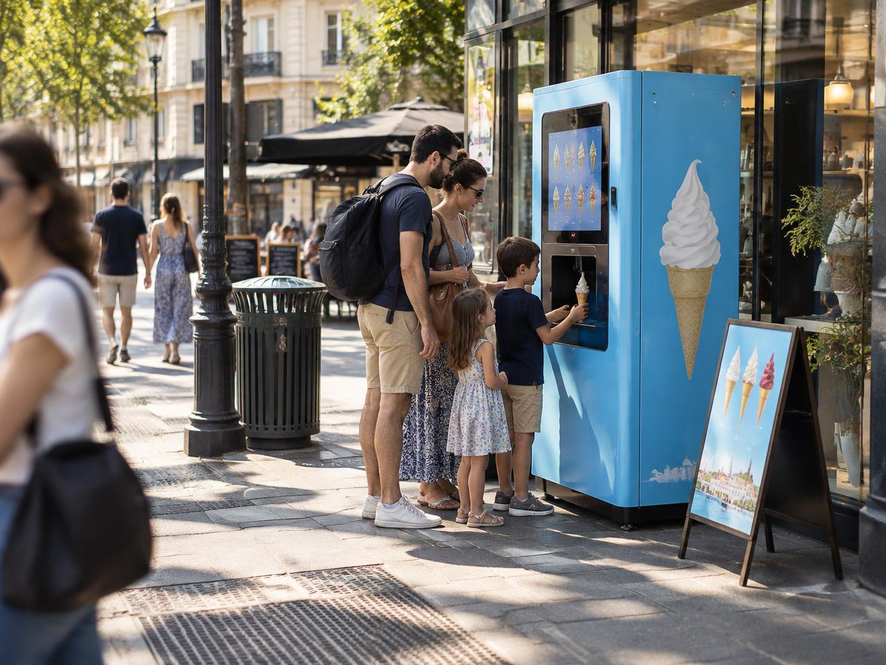 Installé sur le passage, en façade de commerce : la glace se prépare à la demande, sans personne derrière le comptoir. Distributeur automatique de glace à l'italienne installé en commerce de rue, écran tactile et paiement sans contact
