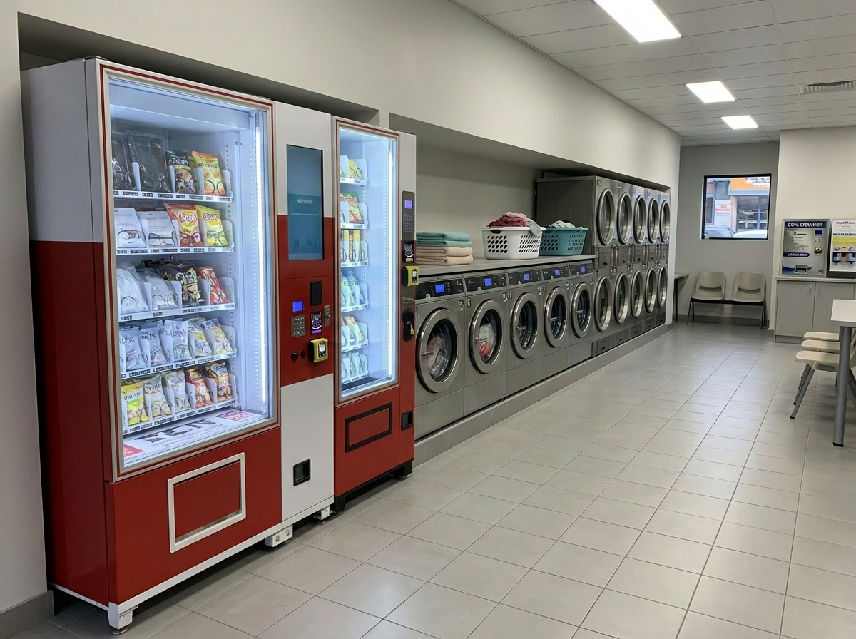 Distributeur automatique de dosettes de lessive, adoucissant et snacks dans un lavomatic