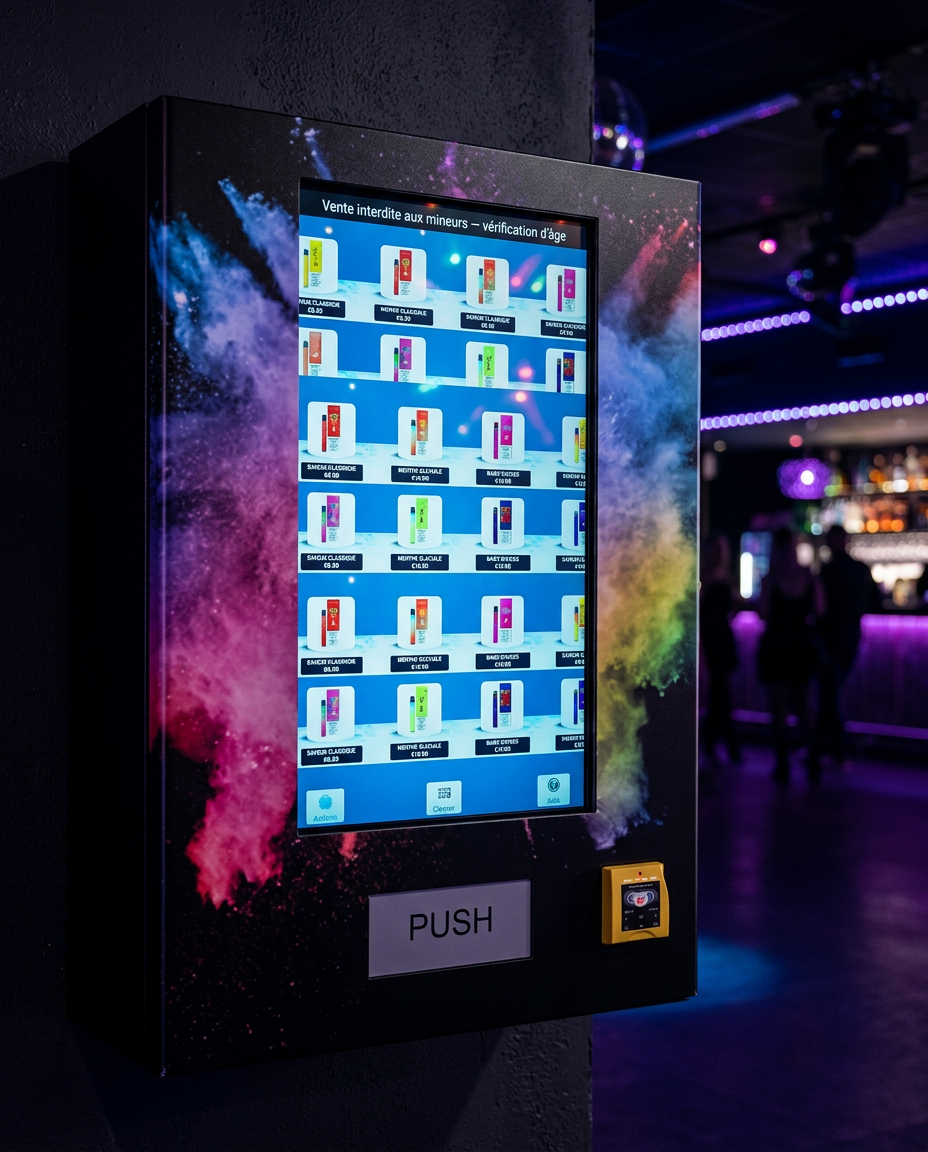 Distributeur automatique de vapes murales avec contrôle d'âge installé dans une boîte de nuit