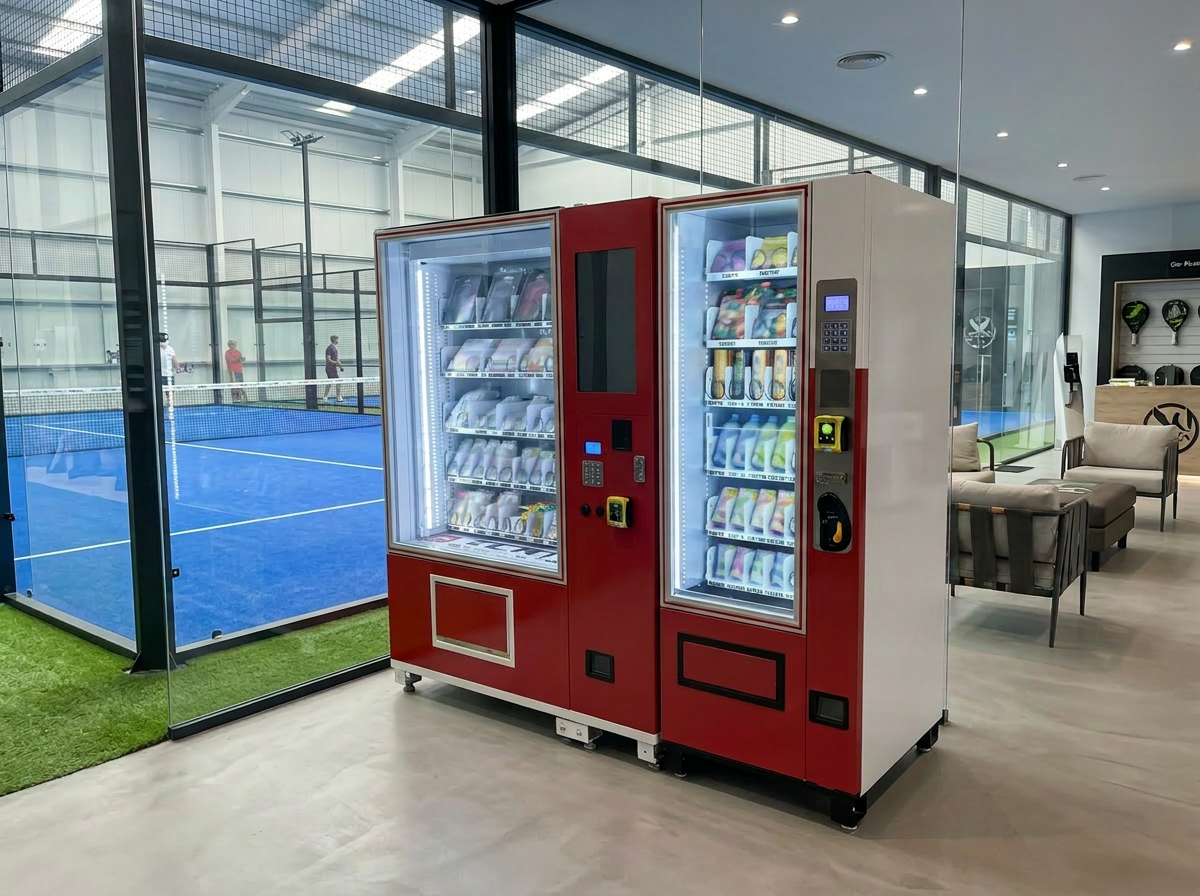 Distributeur automatique de boissons, snacks, grips et balles installé dans un club de padel
