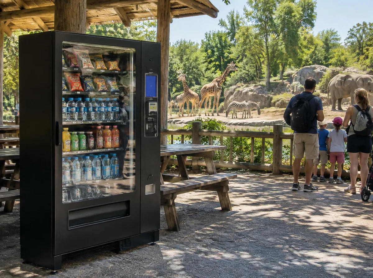 Distributeur automatique Distrib Inc sur le parcours de visite d'un zoo : les visiteurs se servent sans quitter les animaux des yeux. Distributeur automatique sur mesure installé dans un zoo, sous un abri en bois près d'une aire de pique-nique, avec des girafes, des zèbres et des éléphants derrière une clôture en bois et une famille avec enfants à droite