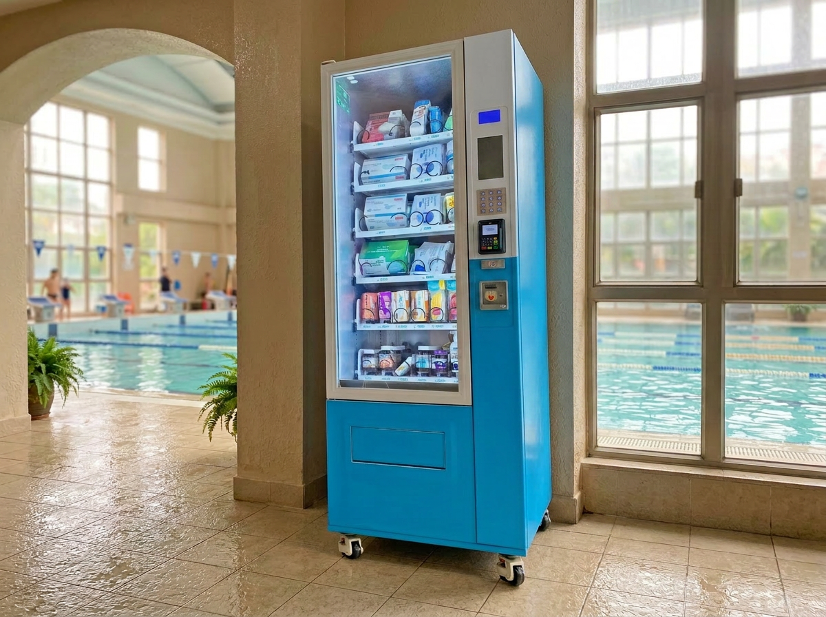 Distributeur automatique de boissons, serviettes et gels douche dans le hall d'une piscine