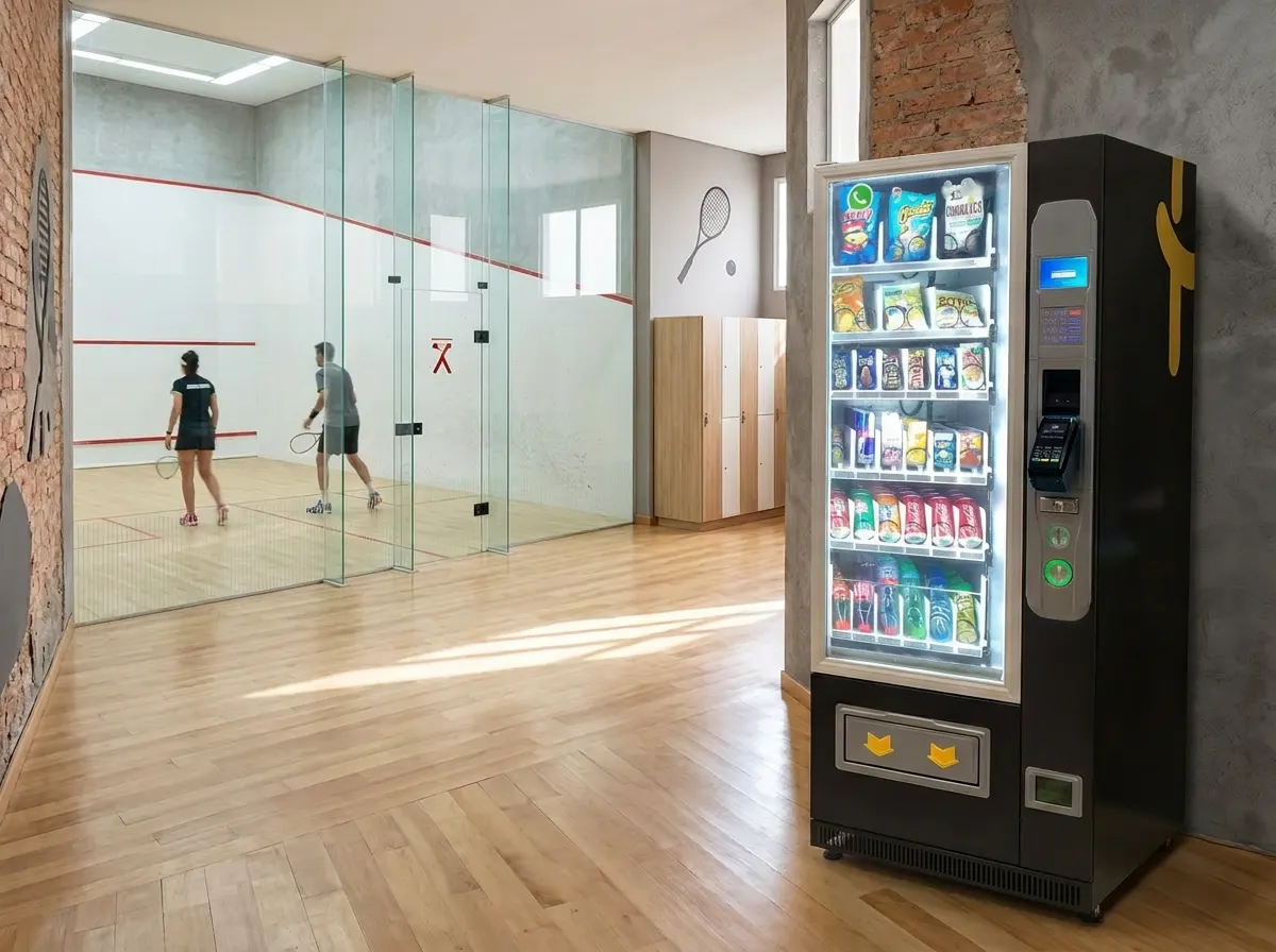 Distributeur automatique sur mesure clé en main dans un club de squash - boissons de récupération et accessoires