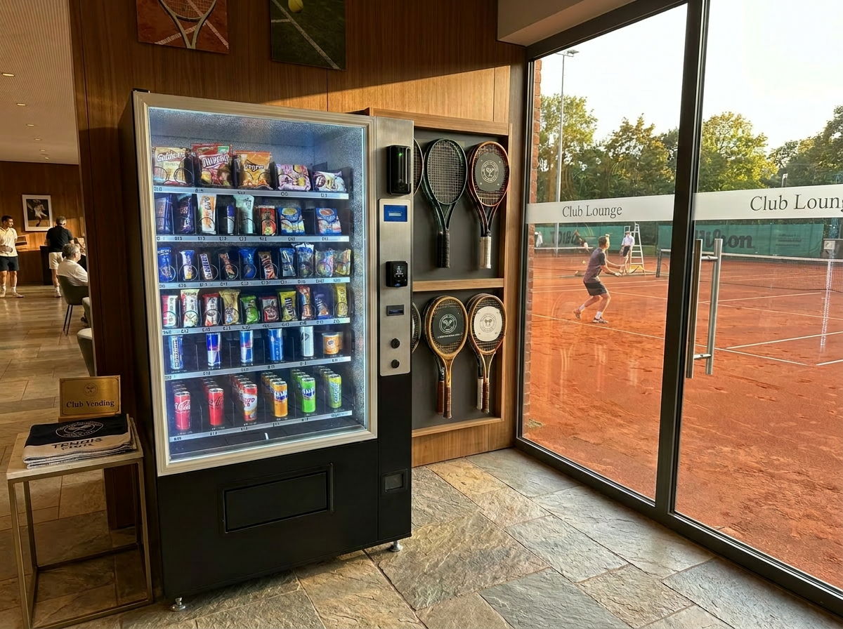 Distributeur automatique de boissons, snacks et accessoires dans un club de tennis